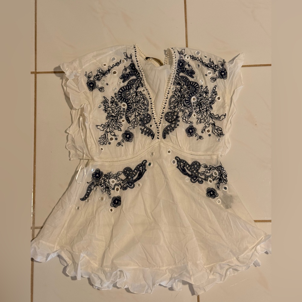 Roberto Cavalli White Blouse with Black Embroidery